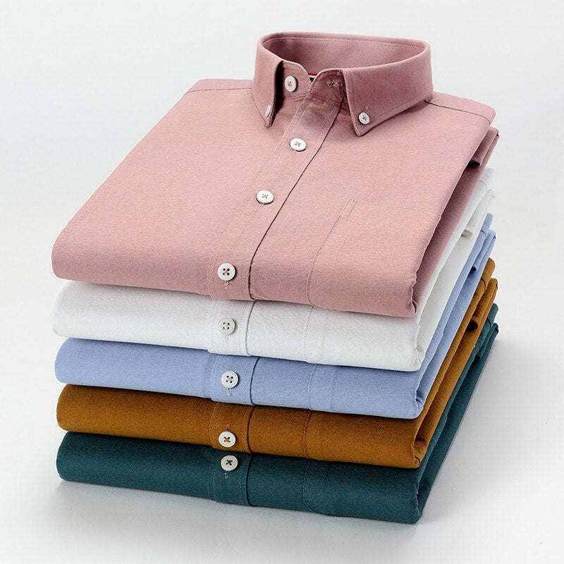 High Quality 100% Cotton Men Oxford Shirt Casual Solid Long-Sleeved Shirts Button Collar Design Regular Fit 4XL 3XL